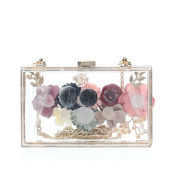 Floral Embellished Clear Clutch W Gold Chain - Picture 3 of 3